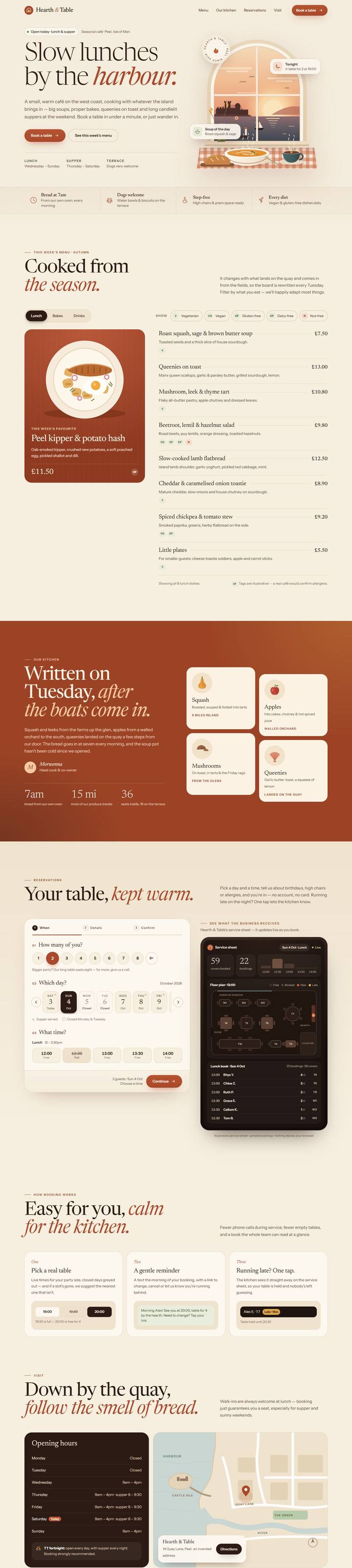 Hearth and Table concept café website with table reservations