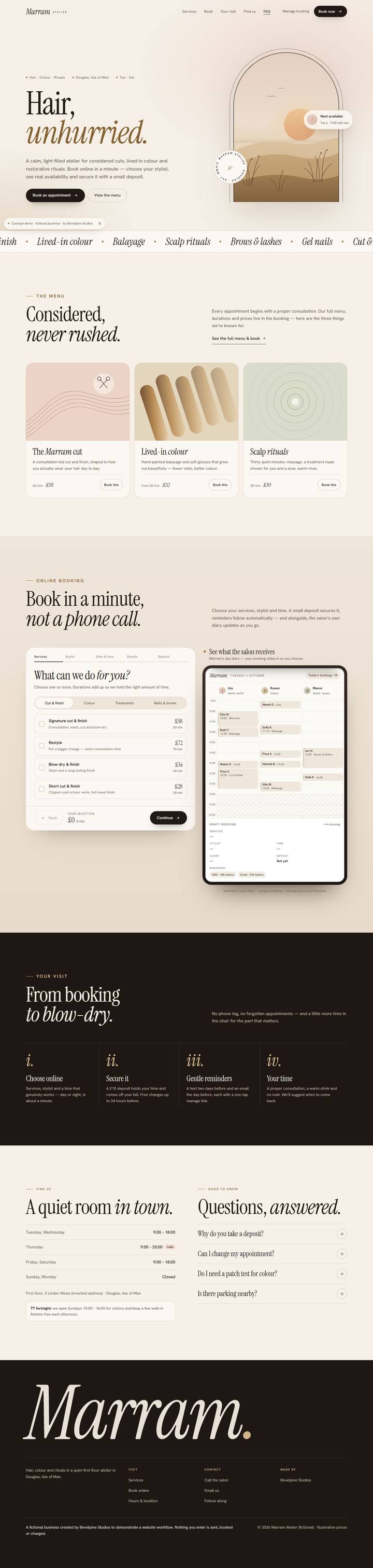 Concept salon website with online booking